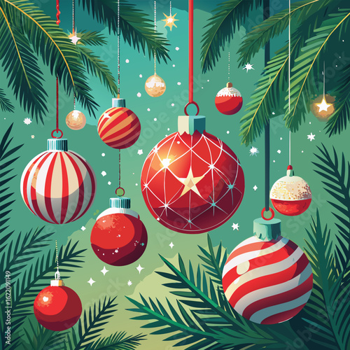 Festive Christmas dog illustration with holiday elements and colorful background design