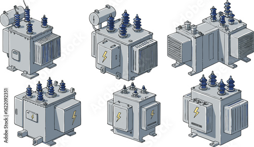 Set of industrial power transformers, detailed electric equipment vector, high voltage energy device icons, utility grid control box illustration