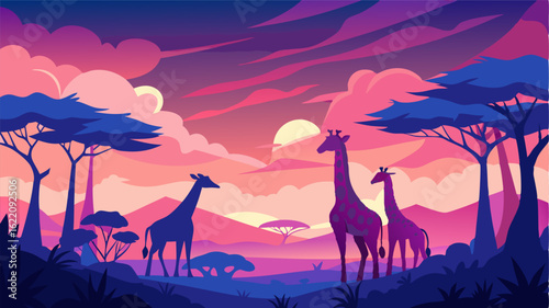 The distant horizon is a stunning mix of deep blues and pinks a dramatic backdrop for the powerful giraffes gently plucking leaves from the tallest trees.