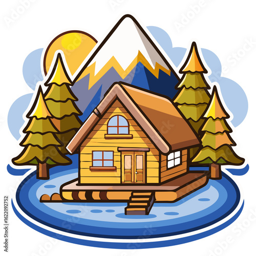 Cozy cabin by the lake surrounded by mountains and pine trees  