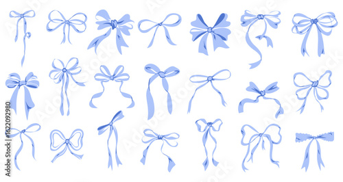 Collection of Light Blue Ribbon Bows Hand Drawn Illustrations