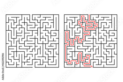 Rectangle maze game or labyrinth with entry and exit.  Line maze game. Medium complexity