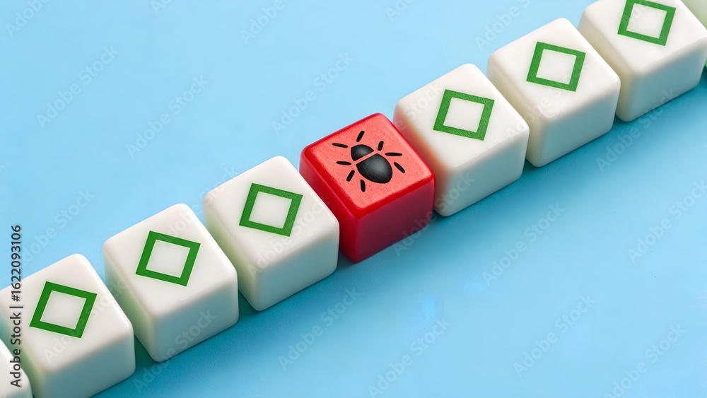 Obraz premium Bug detection in software system. Highlighted red cube among uniform blocks shows vulnerability in digital process, symbolizing cybersecurity threats, quality assurance, and system debugging