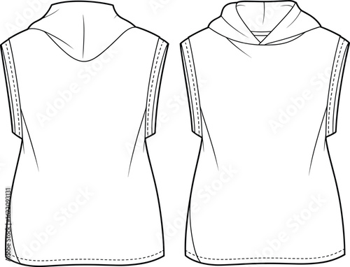Sleeveless hooded top technical flat, front and back view, casual activewear style, vector outline sketch, fashion design, apparel template