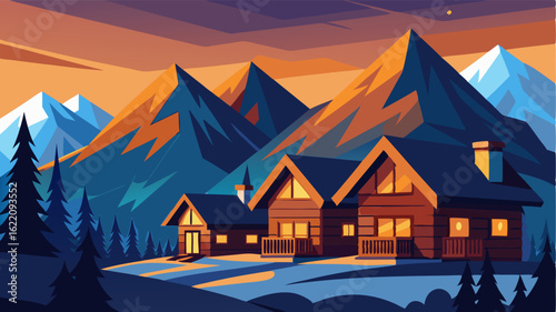 Quaint and charming the mountain chalets wooden exterior reflects the warm glow of the setting sun against the snowy peaks.