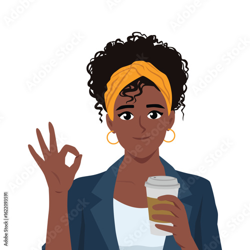 Confident Woman with Coffee Showing OK Sign. Flat Vector character illustration