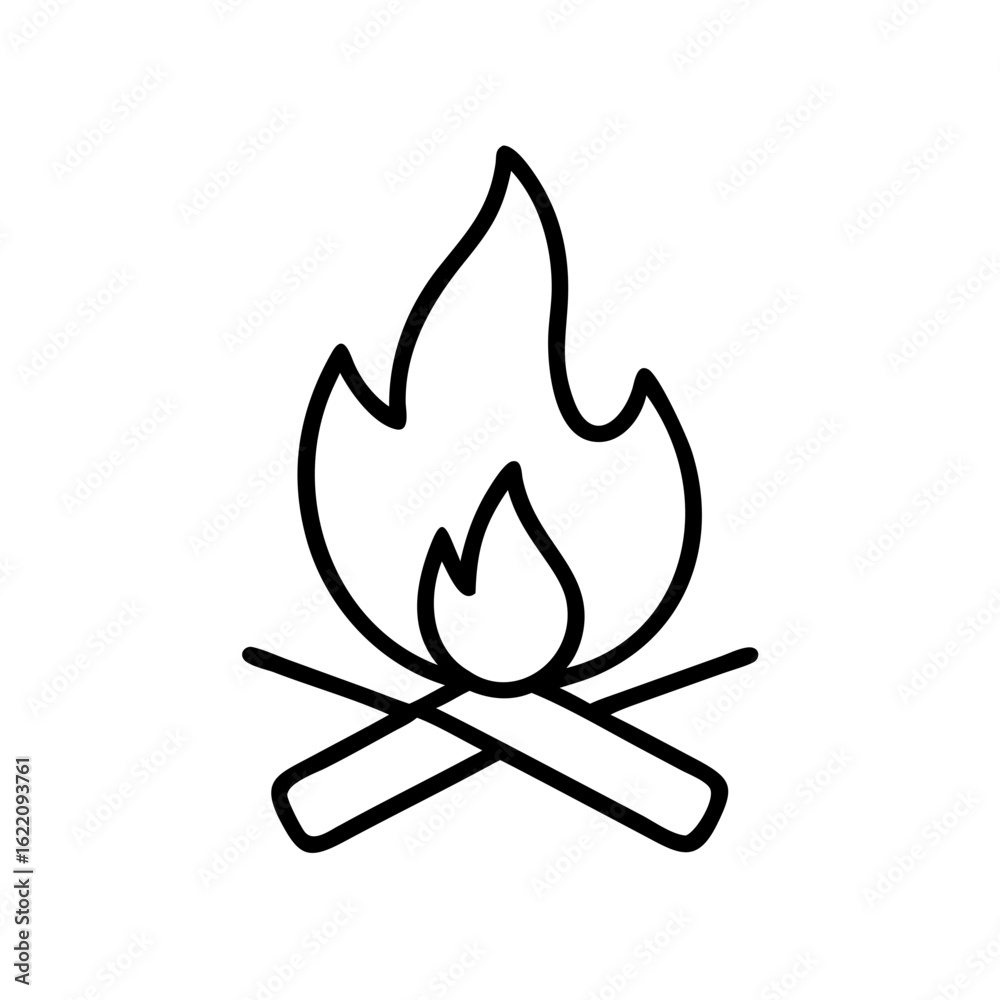 Campfire flame icon with logs in minimalist design concept of Camping and Hiking Campfire flame icon with logs in minimalist design concept of Camping and Hiking