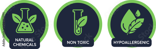 Natural Chemicals, Non Toxic, Hypoallergenic vector icons