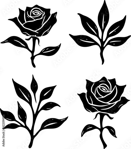 Black and White Rose and Floral Line Art Set
