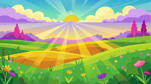 Soft rays of sunshine dance across the lush green meadows illuminating the vibrant hues of magenta goldenrod and lavender wildflowers that blanket the fields.