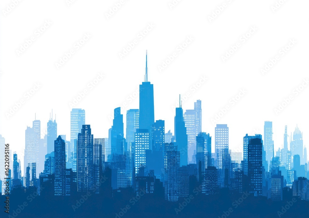 Fototapeta premium Blue City Skyline, Urban Landscape, Daytime, Background, Website Banner