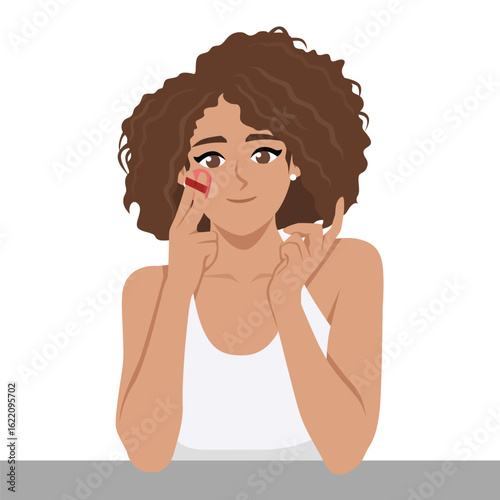 Smiling Woman Applying Skincare with Puff. Flat Vector character illustration