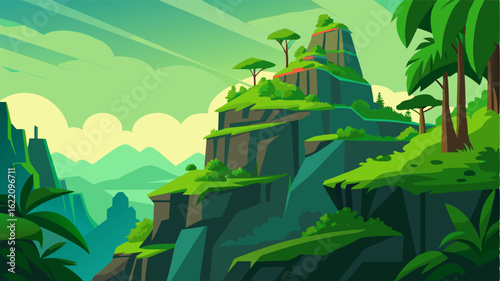 The contrast of lush green vegetation clinging to the steep slopes of ancient volcanic formations.