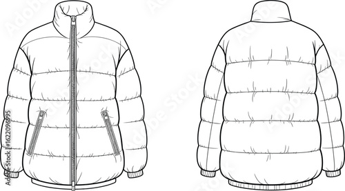 Men’s puffer jacket flat sketch, winter coat technical drawing, zipper outerwear design, CAD fashion template, padded jacket front back