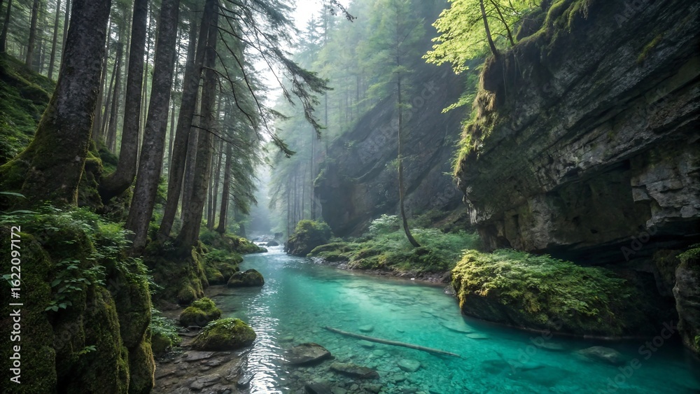 Naklejka premium Photo of a serene turquoise river flows through a lush green forest canyon with sunlight filtering through the trees