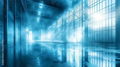 Empty industrial hall interior with neon lighting and reflections.