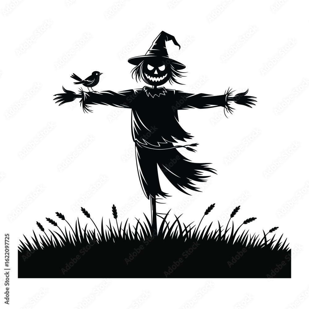 Fototapeta premium Spooky silhouette scarecrow with bird perched on arm in grassy field