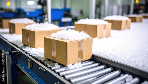 Cardboard boxes on a conveyor belt, surrounded by ice, moving through a factory