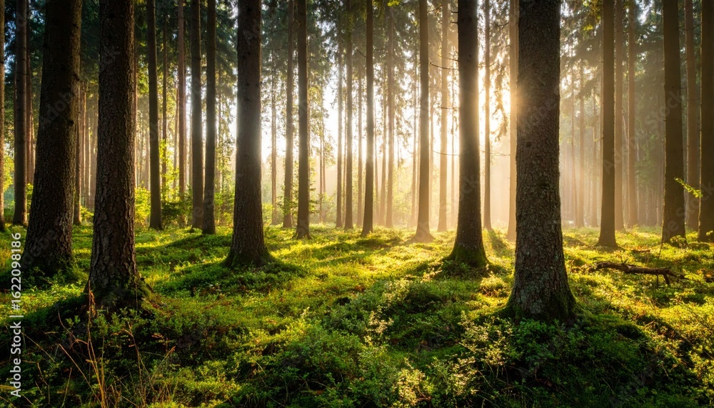 Obraz premium Sunlit Pine Forest Misty Dawn Landscape Photography, Composition, Nature, Scenery Forest Photography, Landscape Photography