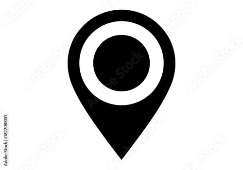 A black and white map marker icon is presented on a plain transparent background signifying a specific geographic location or point of interest