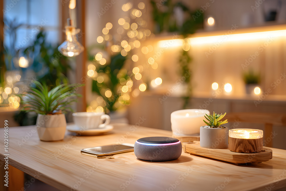 Fototapeta premium Modern smart home scene featuring a voice assistant device on a wooden table