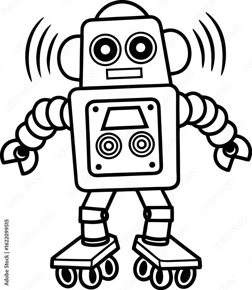 Fototapeta premium Cute playful robot character with expressive eyes, wavy arms and rollerskates friendly artificial intelligence technology icon