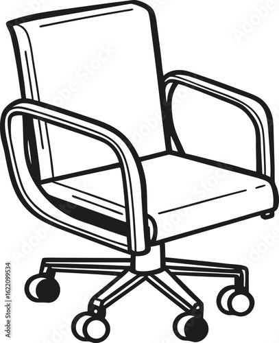 Office swivel chair with armrests and caster wheels, ergonomic seat for workplace or home desk, minimal black line drawing