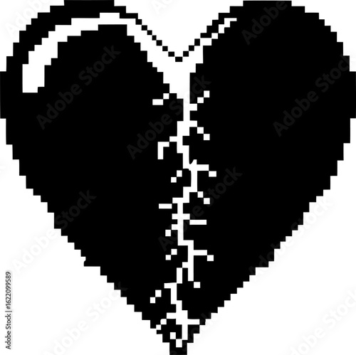 Pixelated heart with stitched seam, black and white symbol of healing, emotional recovery, love and resilience