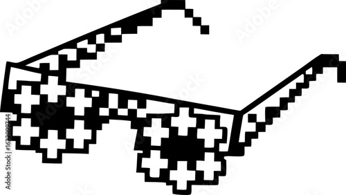 Pixel art sunglasses with digital glitch style, black and white pixelated eyewear for retro and meme themes