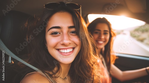 Two young women share a joyful car journey during daytime, one with long brown hair in a light sleeveless top,