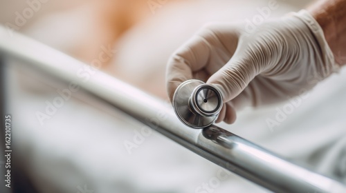 A hand wearing a disposable medical glove holds a stethoscope against a hospital bed frame, emphasizing healthcare,