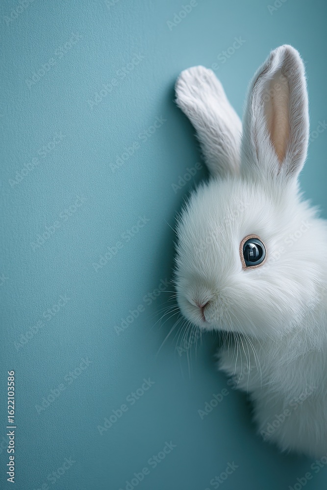 Obraz premium Cute White Rabbit Peeking Out Against a Soft Blue Background