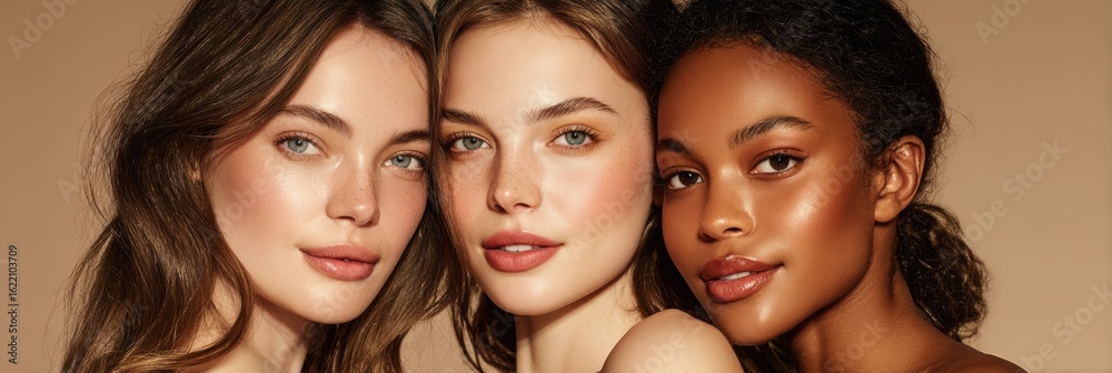 Fototapeta premium Natural Beauty Shines With Glowing Skin Tone Diversity Against a Soft Gradient Background at a Serene Setting