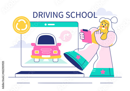 Driving School Vector Illustration Featuring the Educational Process of Car Training and Learning to Drive to Obtain a Drivers License in a Background
