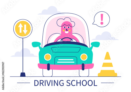Driving School Vector Illustration Featuring the Educational Process of Car Training and Learning to Drive to Obtain a Drivers License in a Background