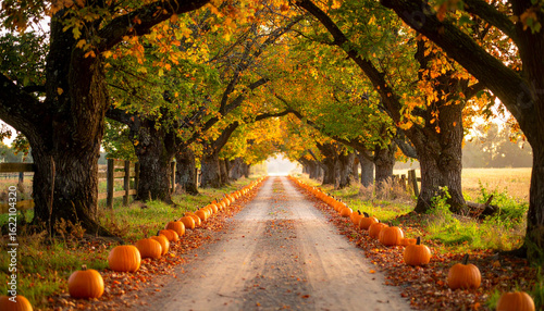 Wallpaper Mural Autumn dirt road lined with orange pumpkins under large trees with colorful fall leaves creating warm and inviting rustic countryside scene Torontodigital.ca