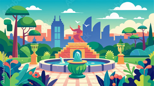 This rooftop garden combines art and nature in a stunning display. Colorful mosaic tiles lead the way through a sea of greenery with sculptures and fountains tered throughout. The