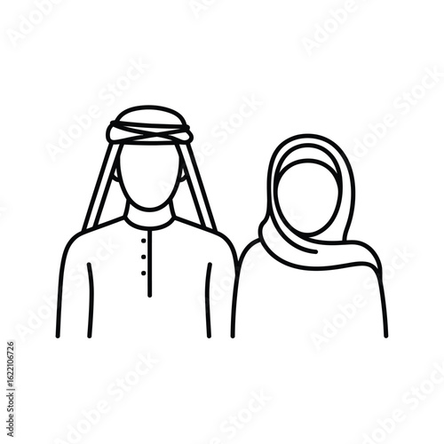 Line art illustration of an Arab couple in traditional clothing