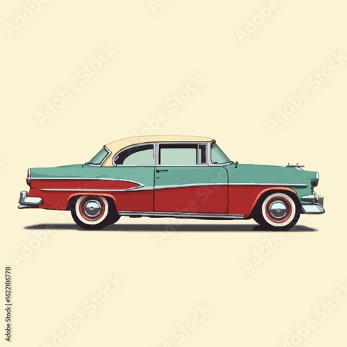 Iconic vintage two-tone sedan cruising in style, capturing timeless automotive design and nostalgic retro charm for a classic road trip aesthetic.