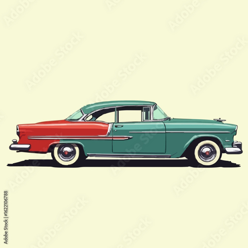 Iconic vintage two-tone teal and red classic car with whitewall tires captured in a sleek side profile, evoking nostalgia and timeless automotive style for design projects.