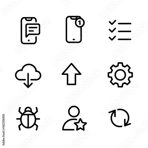Thin line mobile app interface icon set with message, update, cloud download, settings, bug, and sync vector illustration