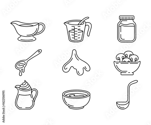 Sauce, soup, and liquid food icon set, minimal line style jars, ladle, measuring cup vector illustration