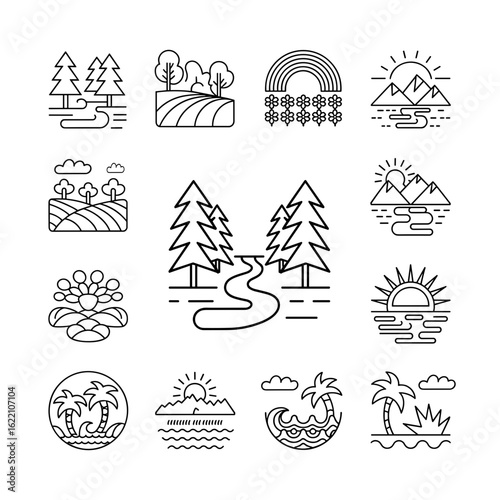 Scenic nature and mountain landscape icons set, minimal line style sunrise, trees, and beach vector illustration