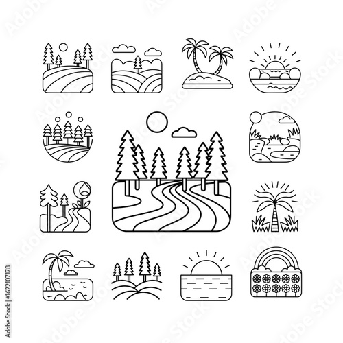 Minimal nature and landscape icon set, line style forest, sunset, and tropical scenery vector illustration