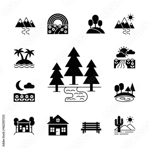 vector icons of nature and landscape scenes including trees, mountains, homes, and weather