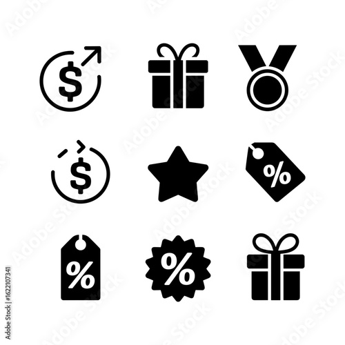 Collection of solid black icons for rewards, discounts, sales, and promotions
