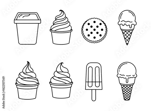 Ice cream and frozen dessert icons including soft serve, popsicle, and cookie sandwich