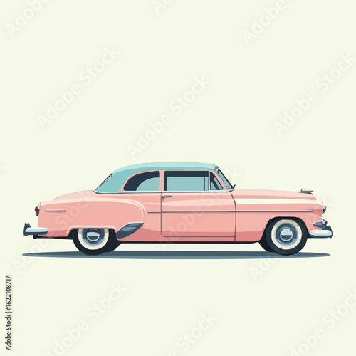 Iconic retro pink sedan cruising in style, capturing vintage automotive elegance and timeless design for nostalgic automotive enthusiasts and classic car collectors seeking retro vibes.