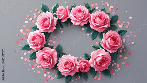 Floral frame with pink flowers and confetti on grey background