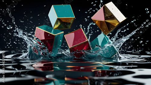 Floating geometric cubes with reflections and water splashes